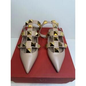 Valentino Garavani Nude Leather Rockstud Pointed Toe Ankle Strap Flats EU 35